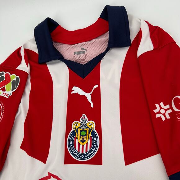 Men's Small Chivas Puma 2023/24 Home Replica Jersey - Red White Striped Collared - Picture 2 of 11